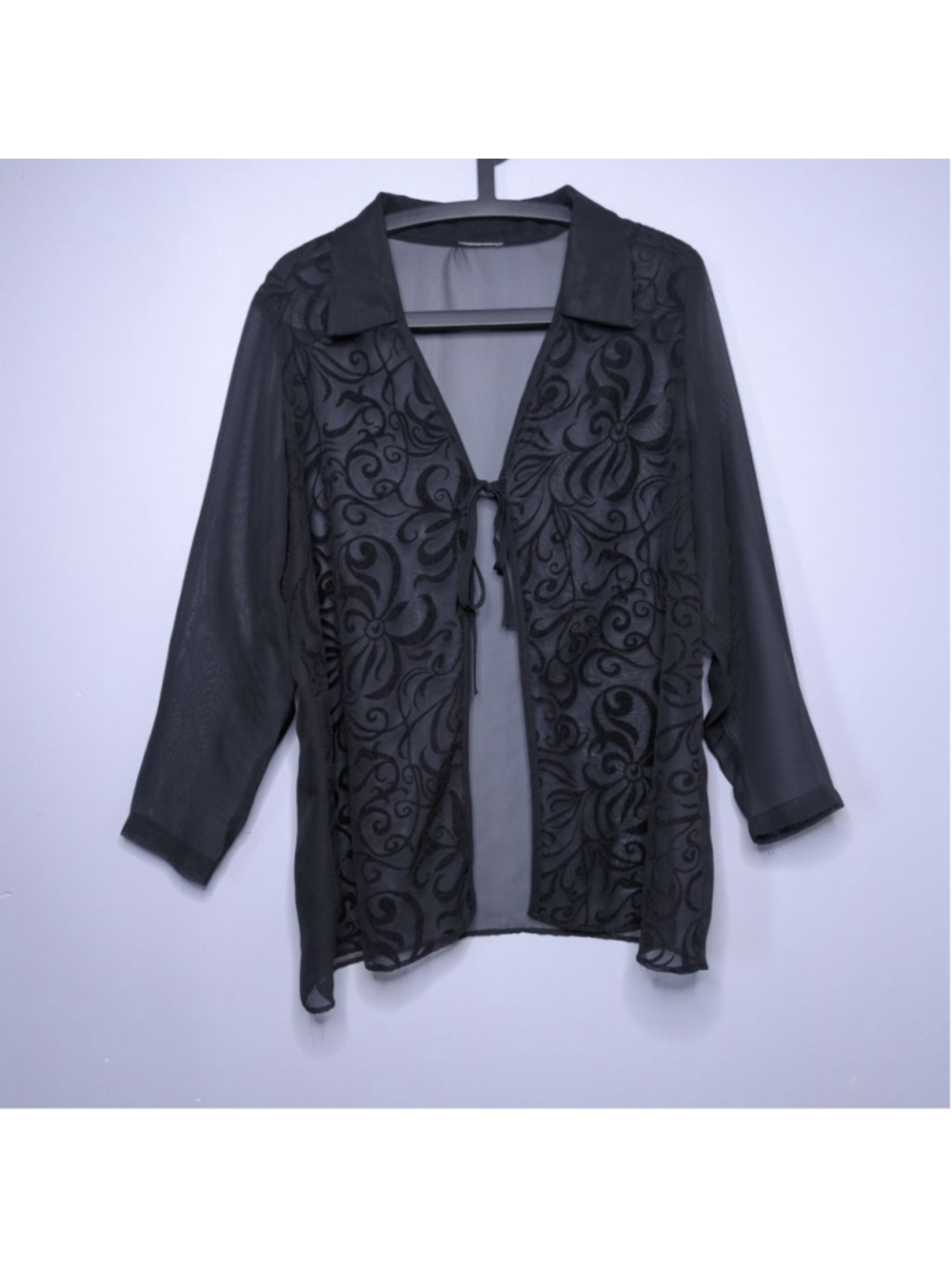 Vintage Velvet Burnout Sheer Tie Front Blouse Sz XL Black Goth Witchy 90s